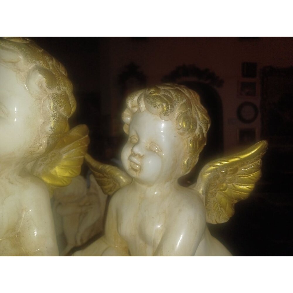 Ceramic Angels Pair White Glazed Antiqued Gold Wings - Picture 10 of 11